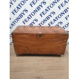 A VERY NICE WOODEN BRASS INLAID CHEST ON CASTERS