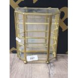 SMALL BRASS AND GLASS TABLE TOP DISPLAY CASE AND GLASS DOME ON WOOD BASE