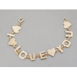 9CT YELLOW GOLD I LOVE YOU BRACELET, 9.4G DIZE 18CMS