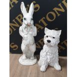 TALL COMPOSITION FIGURE OF THE MARCH HARE TOGETHER WITH SITTING WHITE SCOTTY DOG