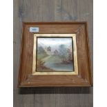 FRAMED CERAMIC TILE PAINTED CHURCH RUINS COUNTRY SCENE SIGNED INDISTINCTLY TO REVERSE