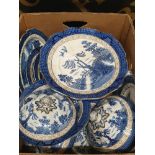 A BOX CONTAINING LARGE QUANTITY OF BOOTHS REAL OLD WILLOW BLUE AND WHITE CHINA TO INCLUDE TUREENS