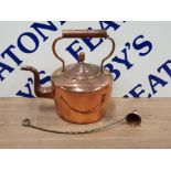 ANTIQUE BRASS AND COPPER KETTLE TOGETHER WITH A COPPER CANDLE SNUFFER