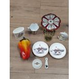 LOT OF MISC POTTERY AND GLASS RED PEPPER BRASS CABINET DISPLAY STAND ROYAL WORCESTER MATCH HOLDER