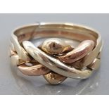 9CT WHITE, YELLOW AND ROSE GOLD 4 ROW PUZZLE RING, 6.4G SIZE W