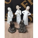3 SPANISH PORCELAIN FIGURES OF CHILDREN TOGETHER WITH 2 BRONZED FIGURES OF GIRLS