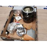 BOX CONTAINING ORIENTAL HANDLED BARREL, SHOE STRETCHERS, FLASK AND COMMEMORATIVE ASH TRAY ETC