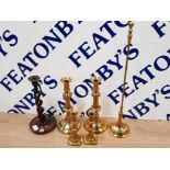 2 PAIRS OF BRASS CANDLE STICKS, BRASS FIRE POKER AND OAK BARLEY TWIST CANDLE STICKS