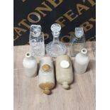 3 DECANTERS WITH STOPPERS INC SHIPS DECANTER TOGETHER WITH STONEWARE HOT WATER BOTTLES ETC
