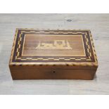 A WESTERN INLAID WOODEN JEWELLERY CHEST WITH PIN CUSHION INSIDE