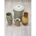 A LARGE LIDDED STONEWARE POT TOGETHER WITH WEST GERMAN VASE DEECEE JUG ETC