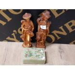 PAIR OF COMPOSITION ORIENTAL FIGURES AND A FINELY CARVED ONYX TABLE BOX CARVED FLOWERS ETC