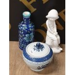 ROYAL COPENHAGEN COVERED JAR DECORATIVE BLUE BOTTLE AND SPODE FIGURINE JOANNA BY PAULINE SHORT