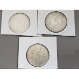 3 SILVER GERMANY 5 DEUSCHE MARK COINS, DATED 1966, 68 AND 69 ALL IN GOOD CONDITION