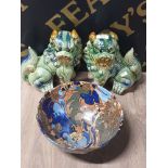 PAIR LARGE POTTERY TEMPLE FOO DOGS 8.5 INCHES AND BURSLEY ART DISH WITH HAIRLINE