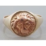 9CT YELLOW GOLD AND ROSE GOLD LION HEAD RING, 5.9G SIZE W