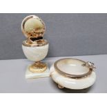 GILT AND ONYX EGG TABLE LIGHTER AND LEAF DISH
