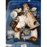 A BOX OF MISCELLANEOUS TO INCLUDE POTTERY AND PORCELAIN SUCH AS FIRE PLACE ORNAMENTS ETC