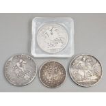 3 SILVER CROWNS, GEORGE III 1820, GEORGE IV 1821, VICTORIA 1889 AND 1887 JUBILEE HALF CROWN