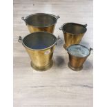 SET OF 4 EMBERS OR DIARY PAILS IN BRASS WITH IRON BALLS MARKED ON 3 NARANG