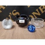 A MDINA IRIDESCENT ASHTRAY SIGNED A CAITHNESS PAPERWEIGHT AND TWO OTHER ITEMS