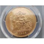 1902 GOLD FIVE POUNDS BRILLIANT UNCIRCULATED COIN IN A PCGS SLAB GRADED MS62PLUS CURRENCY 5 POUNDS
