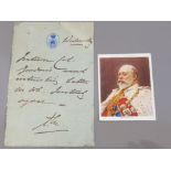 KING EDWARD VII SHORT NOTE SIGNED BY HIM AT BASE, ACCOMPANIED WITH EDWARD VII PLAYERS CIGARETTE