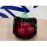 LAMPWORK VENETIAN CHERRIES TOGETHER WITH A STUDIO ART GLASS DISH SIGNED TO BASE BIULLO