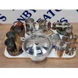TRAY OF SILVER PLATED PIECES INCLUDES HIP FLASK, SUGAR SIFTERS AND EPNS CIGARETTE HOLDER ETC