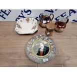 ROYAL DOULTON TO INCLUDE LAMBETH JUGS AND BEAKER A DICKENS PLATE AND SQUARE SHAPED DISH