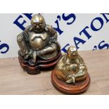 2 LARGE BRASS BUDDHA ORNAMENTS ON WOODEN PLINTHS