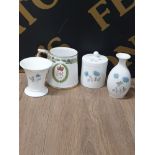 2 VASES AND 1 LIDDED POT BY WEDGWOOD ICE ROSE TOGETHER WITH SPODE TANKARD