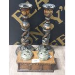 DOUBLE BRASS AND OAK INKWELL AND OPEN BARLEY TWIST CANDLESTICKS WITH FLORAL DESIGN