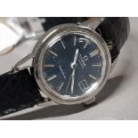 LADIES OMEGA GENEVE AUTOMATIC BLUE DIAL CALENDAR WRISTWATCH WITH BLACK LEATHER STRAP, IN FULL