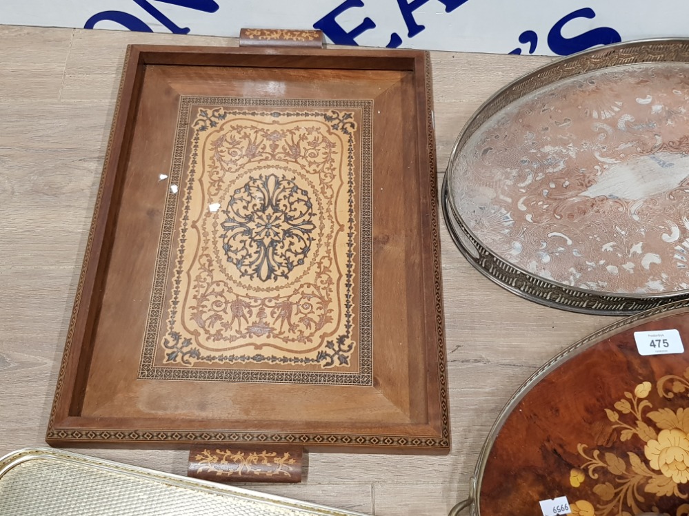 INLAID MAHOGANY TWIN HANDLED TRAY TOGETHER WITH 2 METAL AND 1 OTHER ALSO INCLUDES COASTERS, SMALL - Image 3 of 3