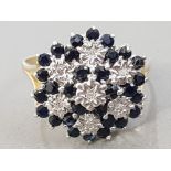9CT YELLOW GOLD DIAMOND AND SAPPHIRE CLUSTER RING, 3.9G SIZE S
