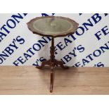 MAHOGANY FRAMED LEATHER TOPPED OCCASIONAL TABLE ON PEDESTAL BASE