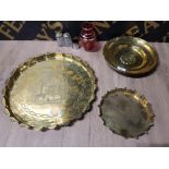 BRASSWARE TWO CIRCULAR TRAYS AND A WALL PLAQUE TOGETHER WITH GLASS AND PLATEDWARE. 7