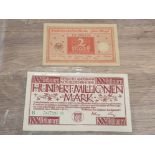 1 NOTGELD GERMAN BANKNOTE 100 MILLION MARK DATE 1923 RARE NOTE TOGETHER WITH GERMAN 2 MARKS 1920