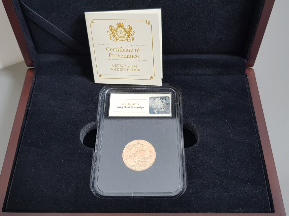 22CT GOLD UNCIRCULATED 1914 GEORGE V FULL SOVEREIGN COIN IN PRESENTATION CASE