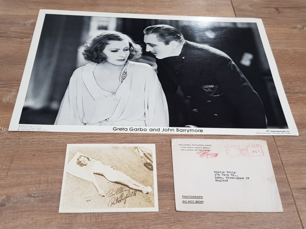 A PROMOTIONAL CARD OF GRETA GARBO AND JOHN BARRYMORE IN GRAND HOTEL 1932 TOGETHER WITH A FACSIMILE