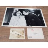 A PROMOTIONAL CARD OF GRETA GARBO AND JOHN BARRYMORE IN GRAND HOTEL 1932 TOGETHER WITH A FACSIMILE