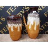 TWO WEST GERMANY FAT LAVA VASES BY SCHEURICH ONE WITH LABEL 38CM HIGH AND THE OTHER HANDLED 47CM