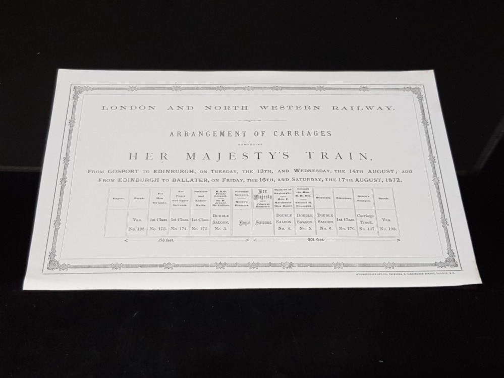 1872 LONDON AND NORTH WESTERN RAILWAY PRINTED NOTICE REGARDING THE ARRANGEMENT OF CARRIAGES OF HER