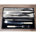 A NICE WALKER AND HALL CARVING SET IN CASE TOGETHER WITH ANOTHER CARVING SET WITH HALLMARKED