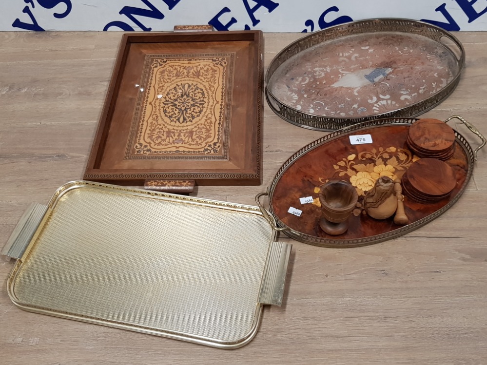 INLAID MAHOGANY TWIN HANDLED TRAY TOGETHER WITH 2 METAL AND 1 OTHER ALSO INCLUDES COASTERS, SMALL
