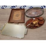 INLAID MAHOGANY TWIN HANDLED TRAY TOGETHER WITH 2 METAL AND 1 OTHER ALSO INCLUDES COASTERS, SMALL