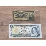 2 CANADIAN BANKNOTES INCLUDES QE11 ONE DOLLAR UNCIRCULATED AND A 1900 25 CENT BANKNOTES