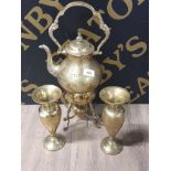 BRASS KETTLE ON STAND WITH BURNER AND A PAIR OF INDIAN BRASS VASES