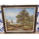 A CONTINENTAL OIL PAINTING BY R CANTRELL LAKESIDE SCENE WITH COTTAGE 49.5 X 59CM